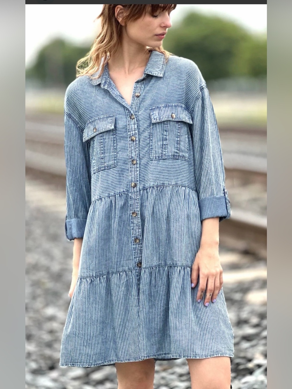 Billy T Aerial DrESS Lyocell Denim Stripe Button-Front Shirt Dress - small NWT